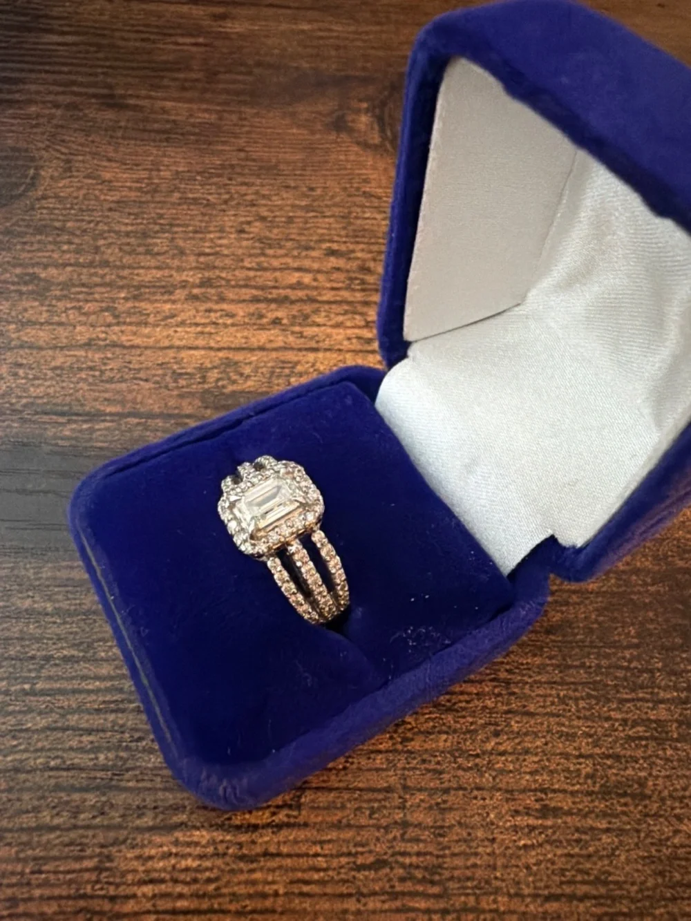 Emerald cut .91 diamond ring total of 1.09 ct platinum halo engagement ring